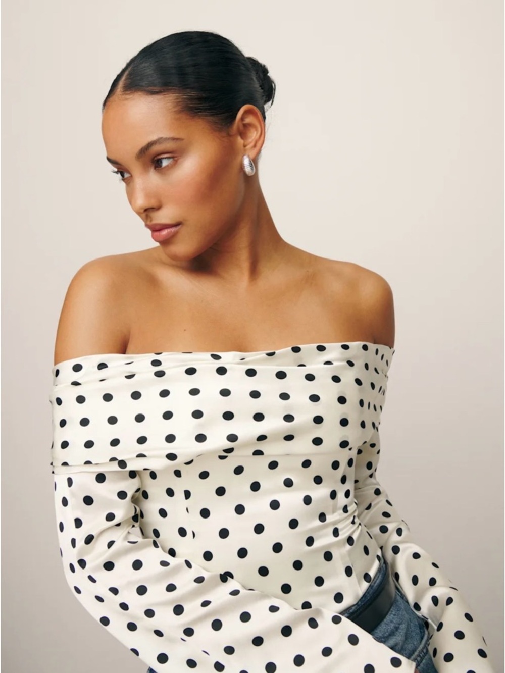 Reformation Niri Silk Off-the-Shoulder Black Polka Dot Blouse XS NWT